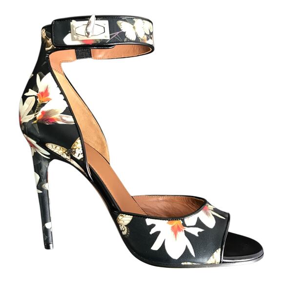 Givenchy Magnolia Moth Black Floral Print Ankle Strap Sandals Women US10 40 NEW - Picture 6 of 10